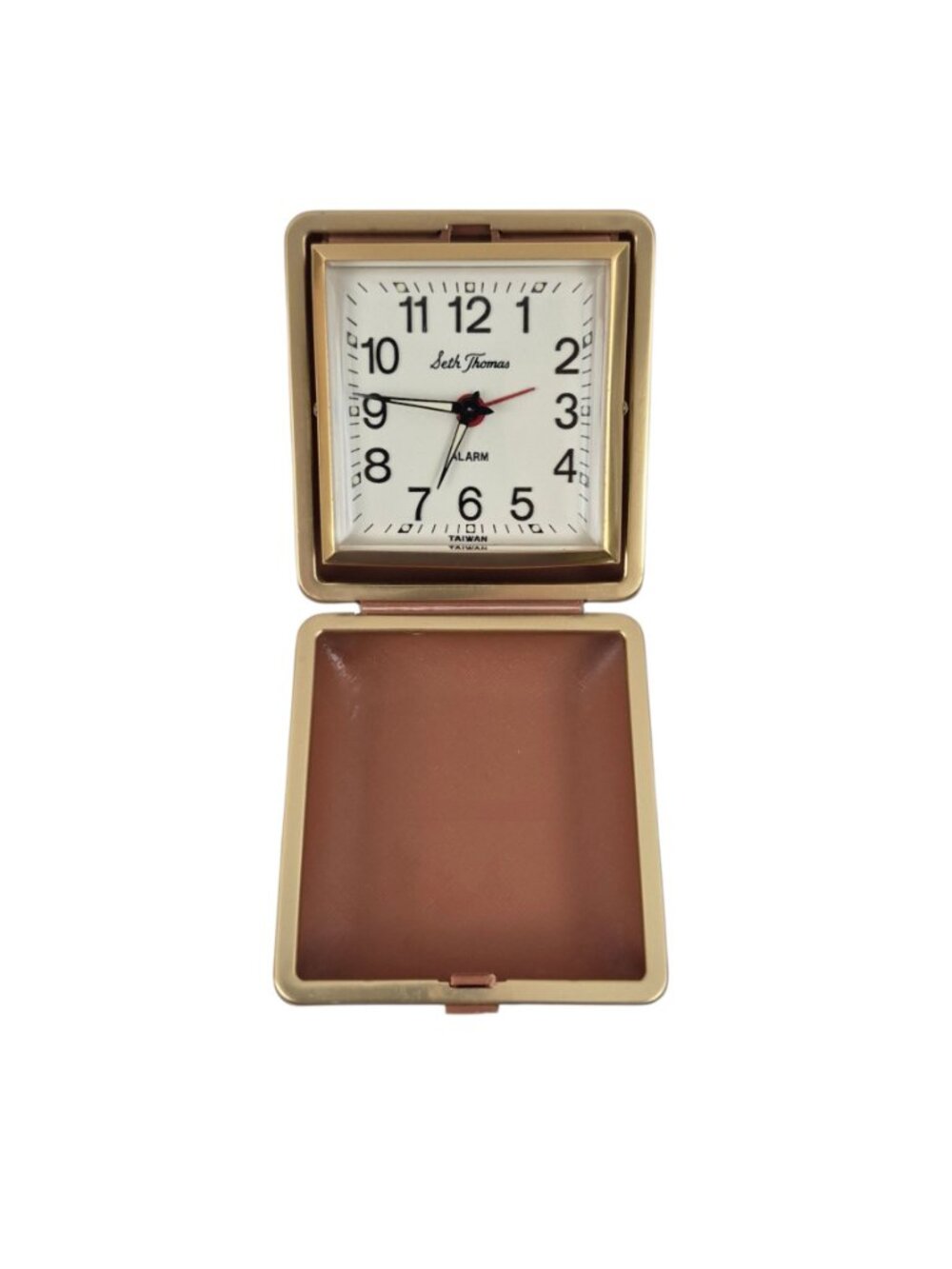 Seth Thomas Travel Alarm Clock Tan Clamshell Case Gold Trim Testes Working - Picture 5 of 10